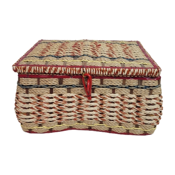 Vintage Large Woven Wicker Sewing Basket Original Clasp Satin Lining Unique! - Picture 1 of 13